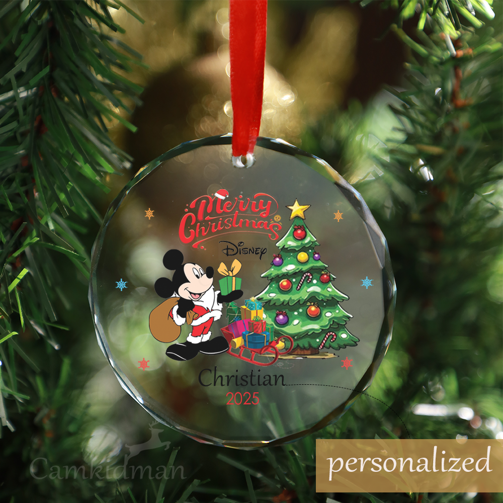 Personalized Name Disney Mickey Mouse with Christmas Tree Glass Glass Ornament Decoration
