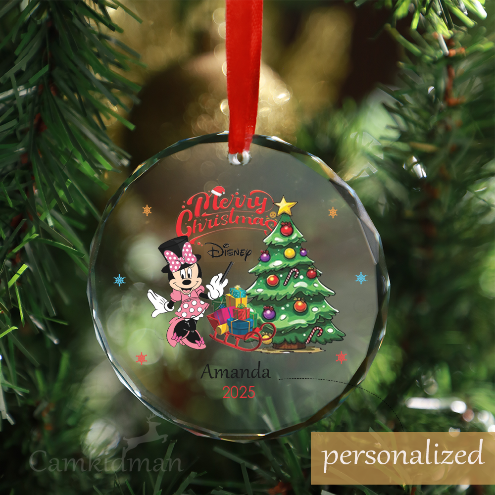 Personalized Name Disney Minnie Pink Christmas Tree 2025 Glass Ornament