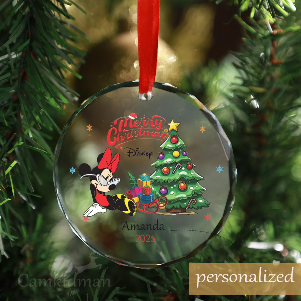 Personalized Name Disney Minnie Mouse Christmas Tree 2025 Glass Ornament