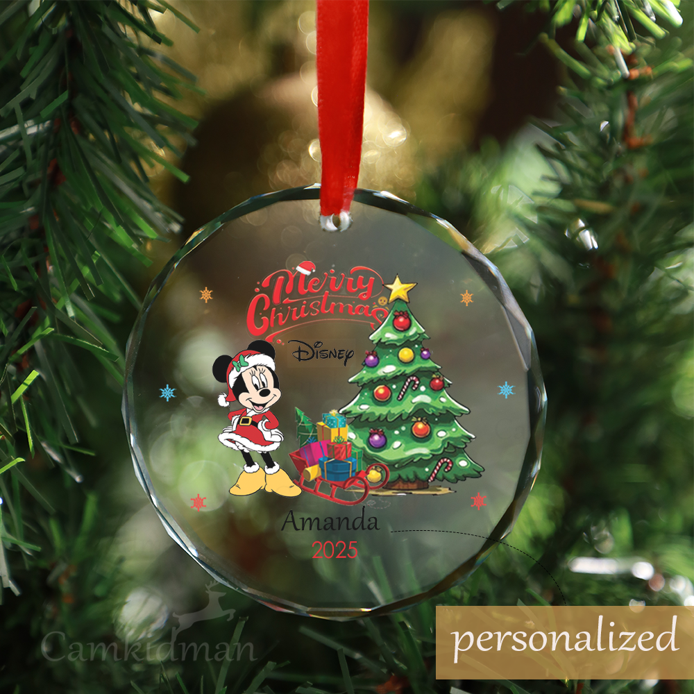 Personalized Name Disney Mickey with Christmas Tree Glass Ornament