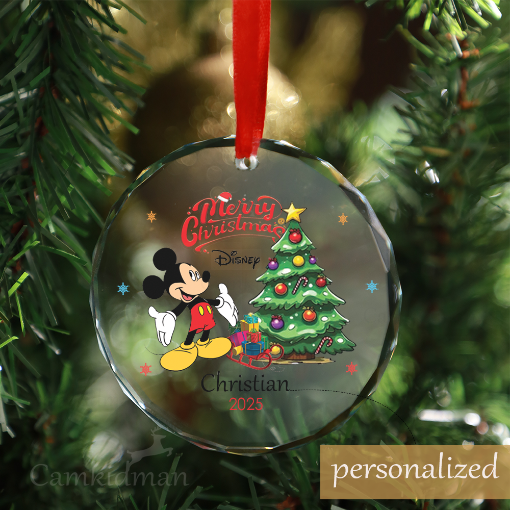 Personalized Name Disney Mickey Mouse with Christmas Tree Glass Ornament