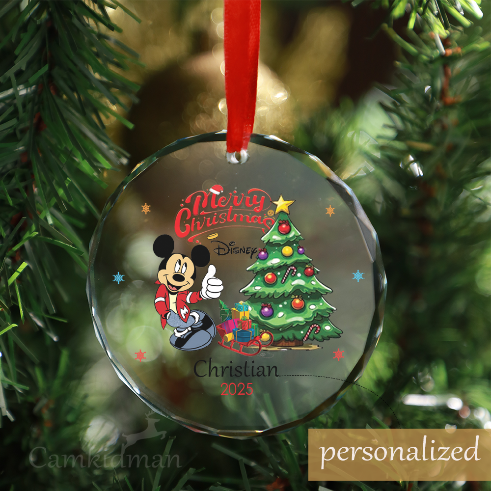 Personalized Name Disney Mickey Mouse 2025 with Christmas Tree Glass Ornament