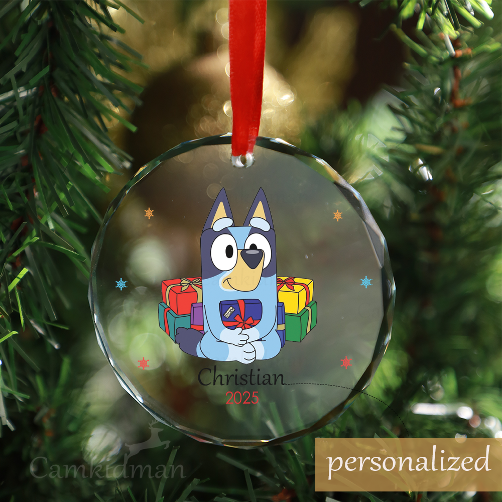 Personalized Name Bluey Family Christmas Tree Scene 2025 Glass Holiday Glass Ornament Decoration