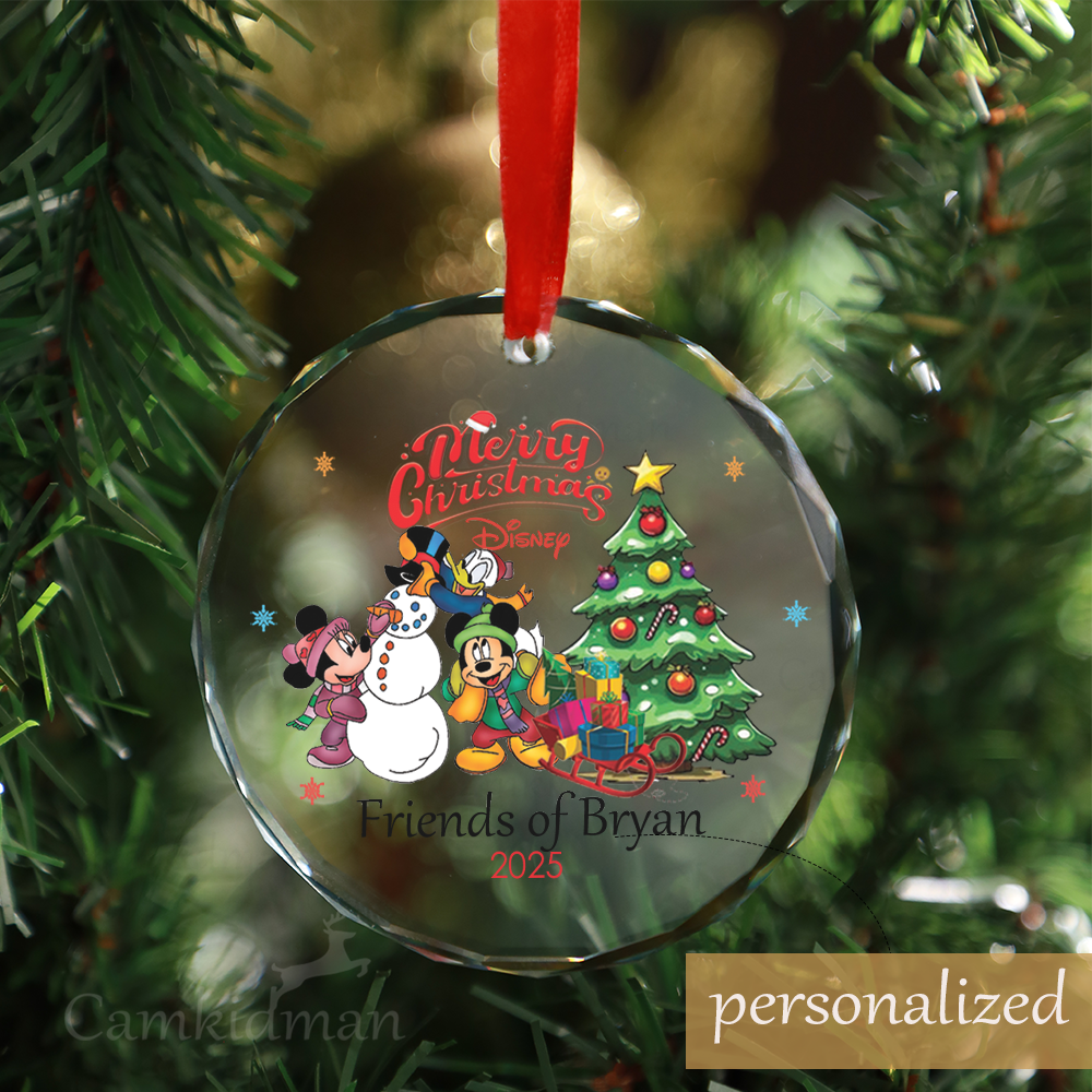 Personalized Name Disney FRIENDS Mickey Mouse Minnie with Christmas Tree Glass Ornament