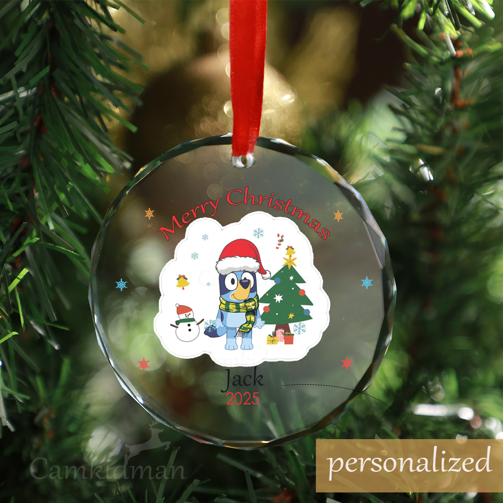 Personalized Name Bluey and Family with Christmas Tree 2025 Glass Holiday Glass Ornament Decoration
