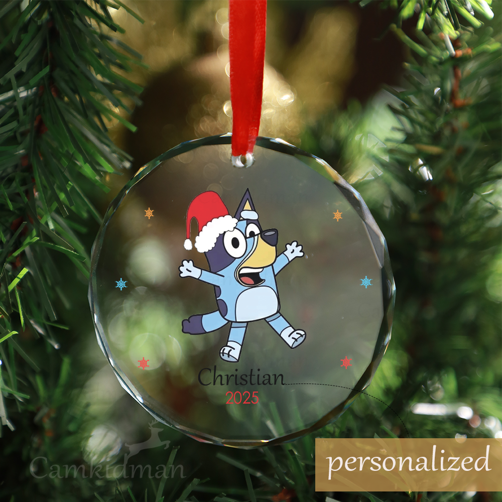 Personalized Name Bluey Cartoon Character 2025 Glass Christmas Ornament Decoration