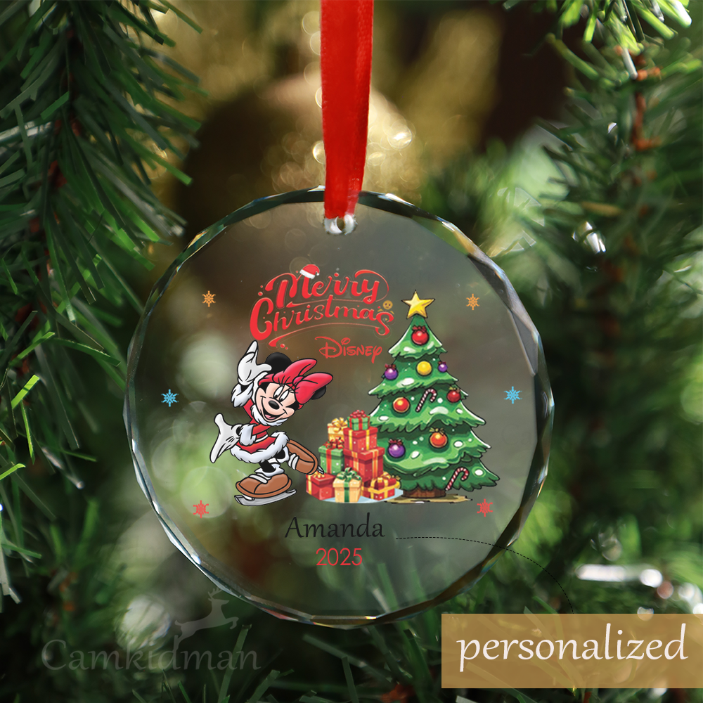 Personalized Name Disney Minnie with Christmas Tree Glass Glass Ornament 