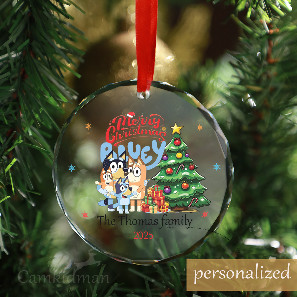 Personalized Name Bluey the custome family with Christmas Tree Glass Glass Ornament 