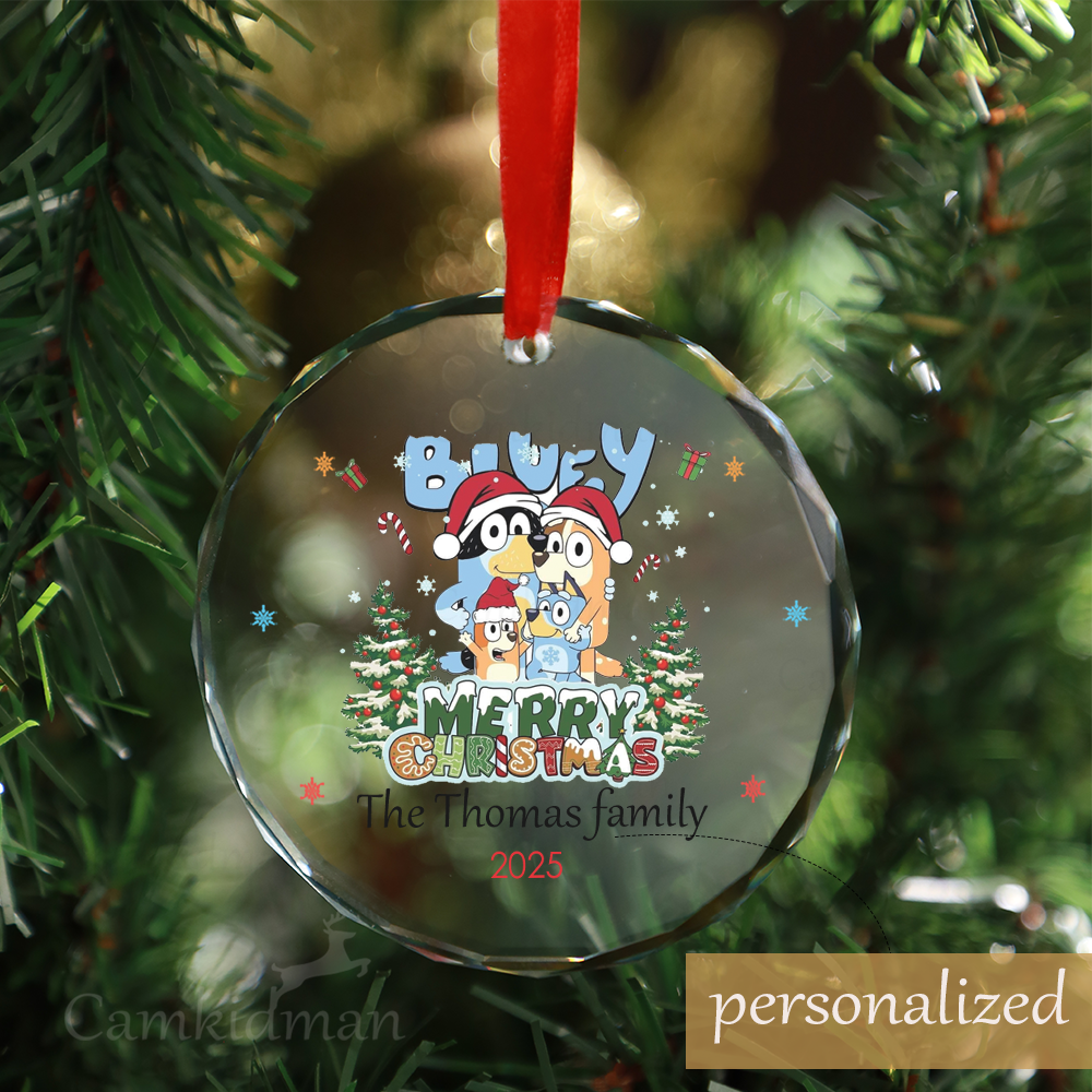 Personalized Name Bluey Merry Christmas Family 2025 Glass Round Glass Ornament Holiday Decor