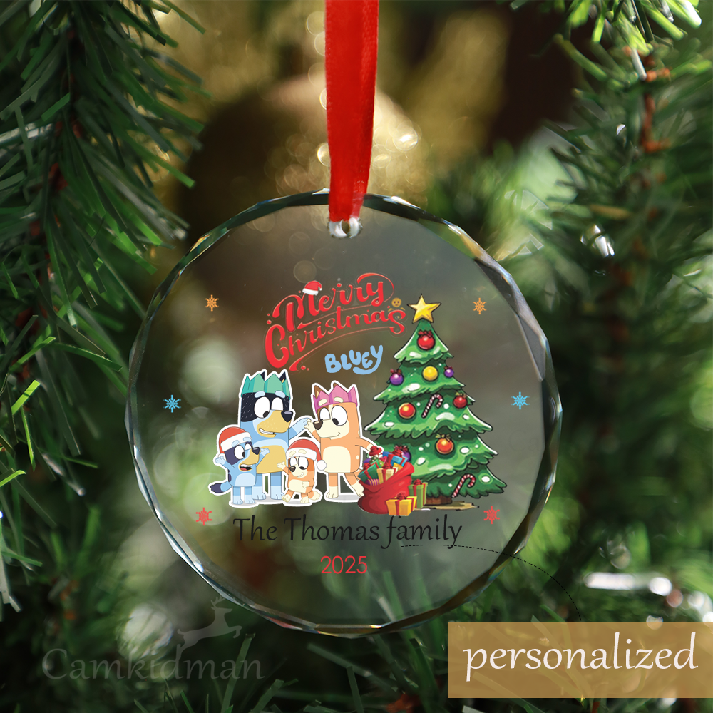 Personalized Name Bluey Bingo family with Christmas Tree Glass Glass Ornament 