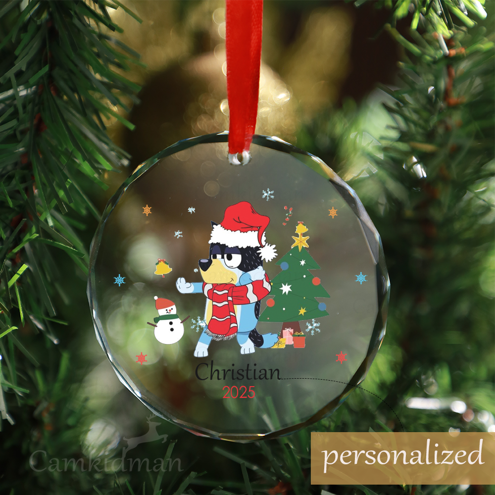 Personalized Name Bluey Cartoon Christmas Scene 2025 Glass Holiday Glass Ornament Decoration