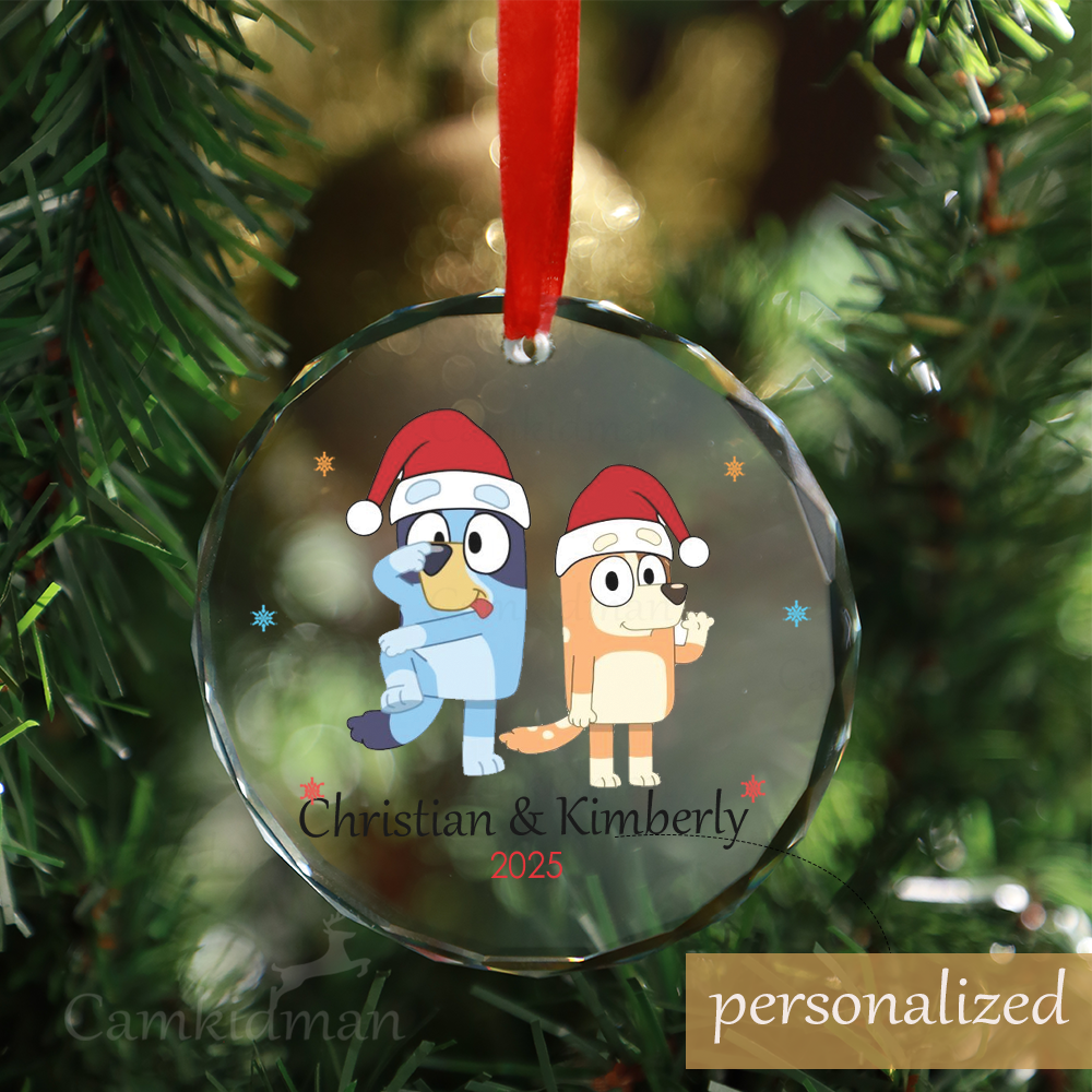 Personalized Name Bluey Character with Snowman and Tree 2025 Glass Christmas Ornament
