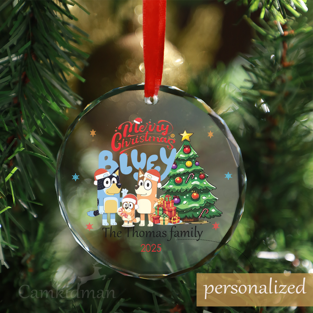Personalized Name Bluey family with Christmas Tree Glass Glass Ornament 