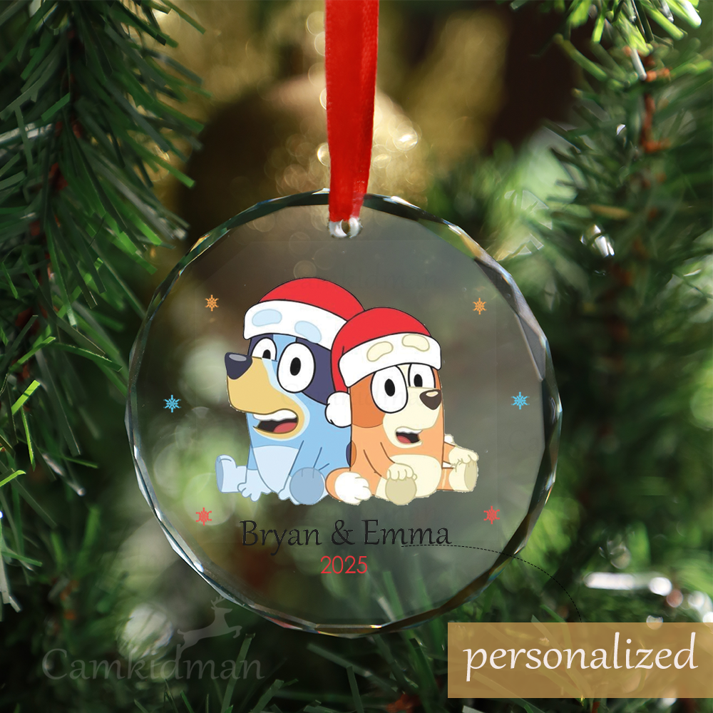 Personalized Name 2025 Bluey and Bingo Glass Christmas Ornament Holiday Decoration