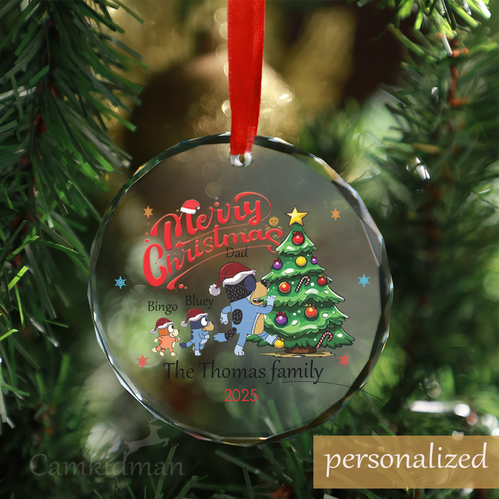 Personalized Name Bluey Bingo dad family with Christmas Tree Glass Glass Ornament 