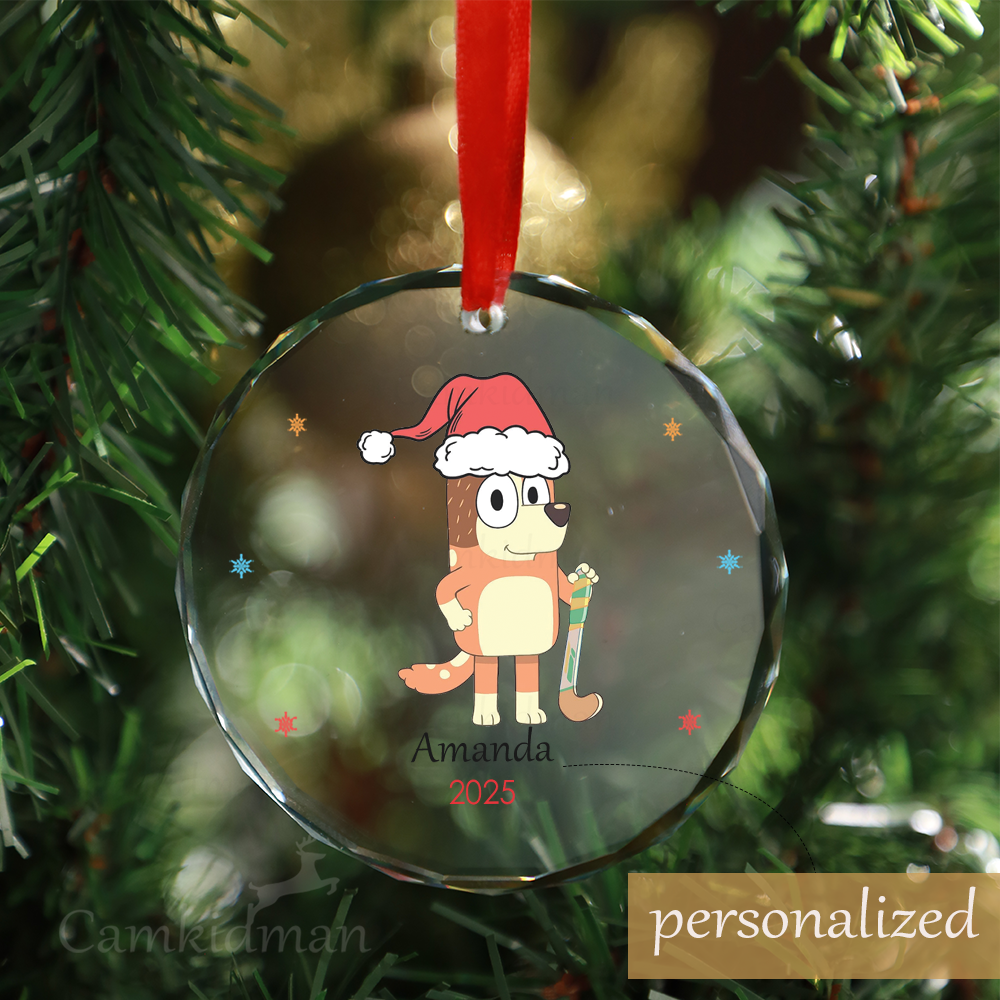 Personalized Name Bingo Character with Santa Hat 2025 Glass Christmas Ornament Holiday Decor