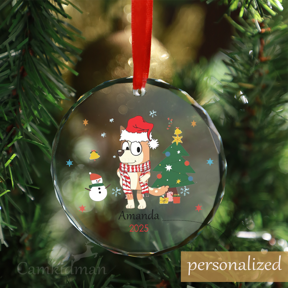 Personalized Name Bluey and Bingo Christmas Couple 2025 Glass Round Glass Ornament Holiday Keepsake