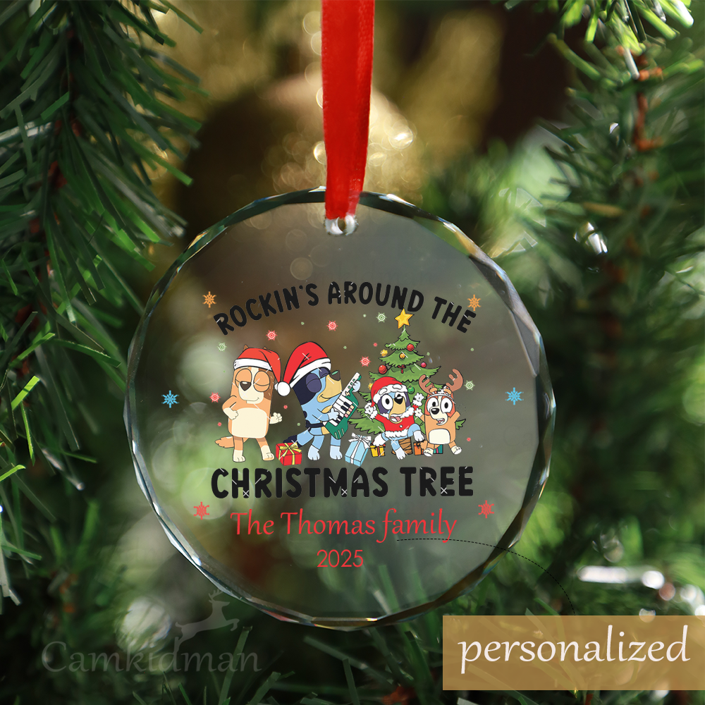 Personalized Name Bluey and Bingo Christmas Tree Scene 2025 Glass Round Glass Ornament Holiday Decor