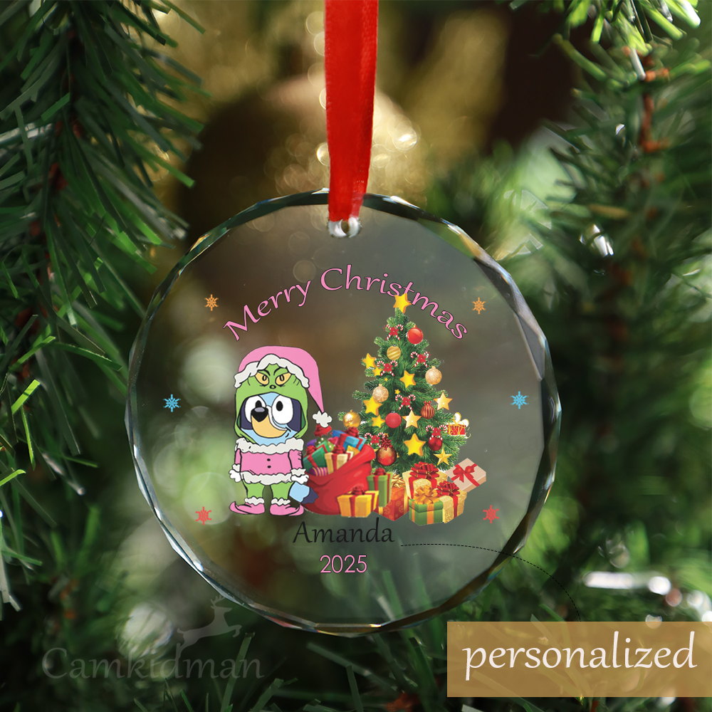 Personalized Name Bluey Grich Character with Christmas Tree 2025 Glass Holiday Glass Ornament Decoration