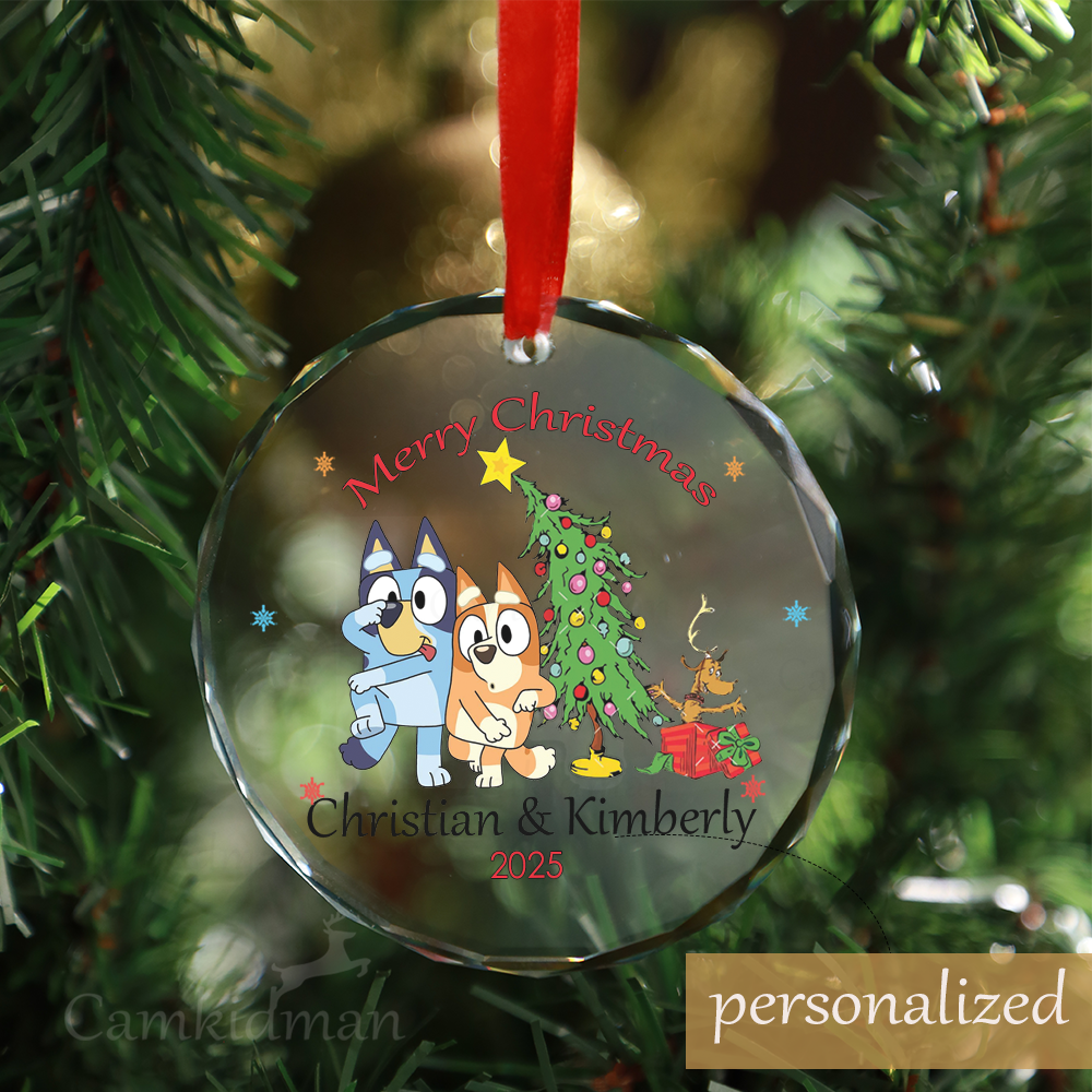 Personalized Name Bluey and Bingo Christmas Tree Scene 2025 Glass Round Glass Ornament Holiday Deco