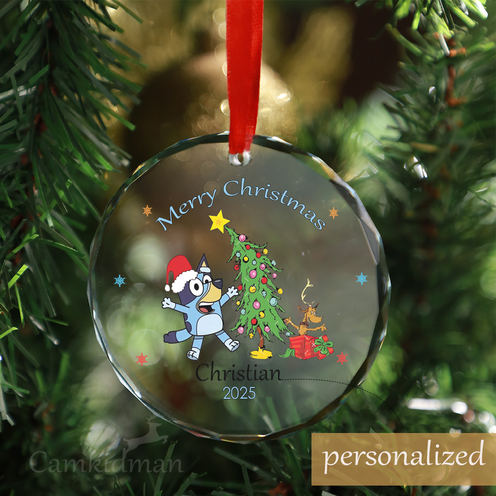 Personalized Name Bluey Character with Tree and Santa Hat 2025 Glass Christmas Ornament Keepsake