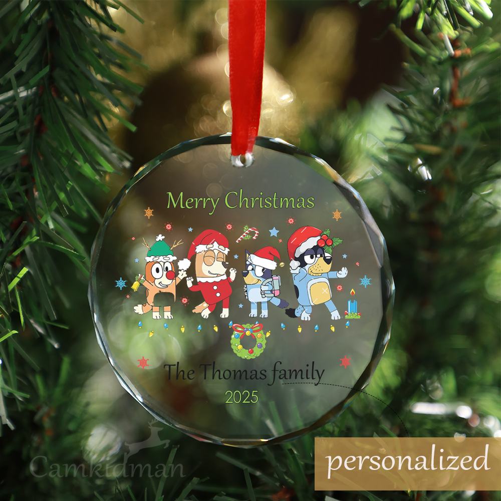 Personalized Name Bluey Merry Family 2025 Glass Round Glass Ornament Holiday Keepsake