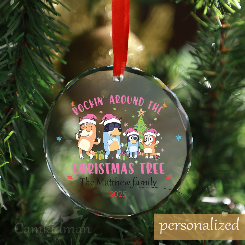 Personalized Name Bluey Pink Family Rockin Around the Christmas Tree 2025 Glass Glass Ornament Decoration