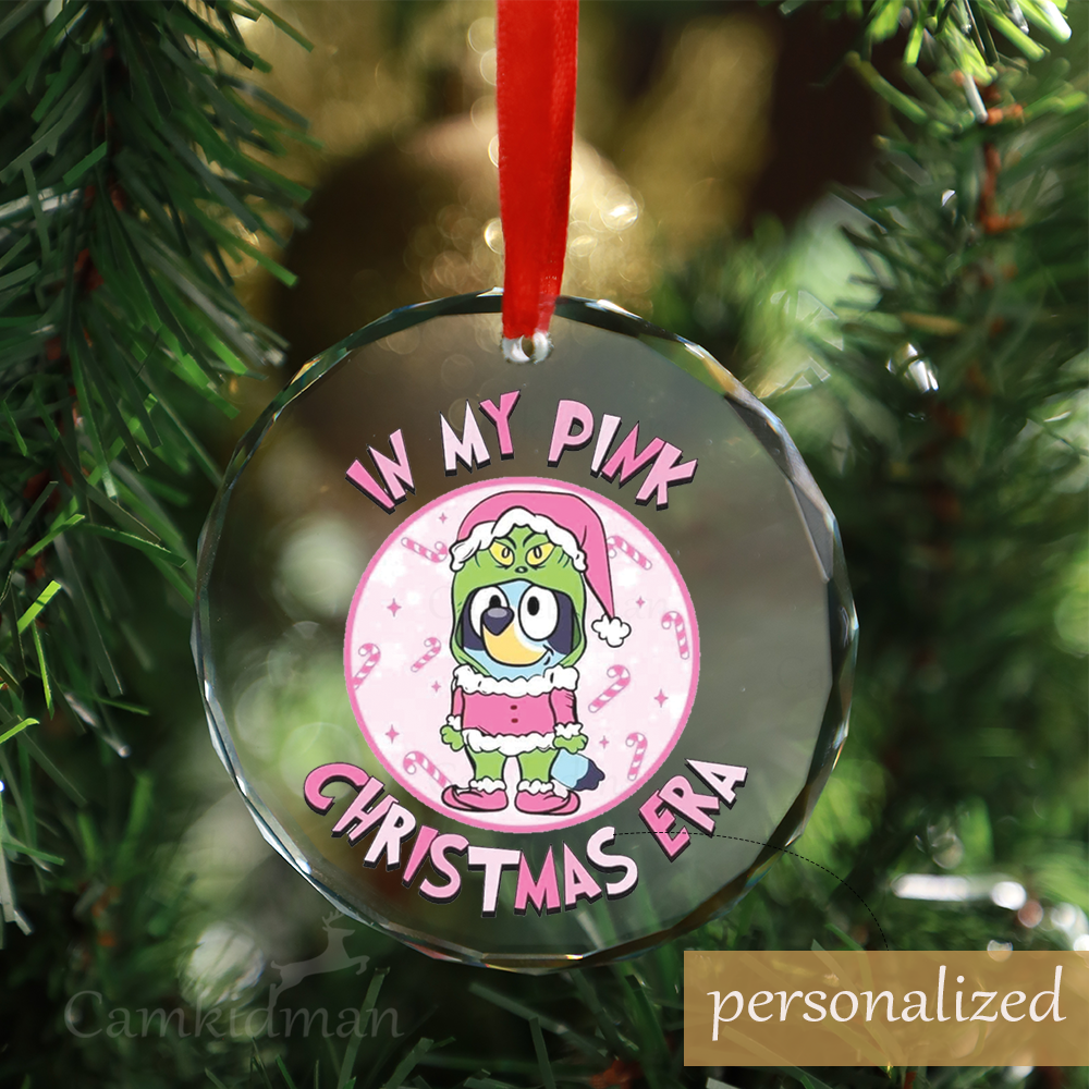 Personalized Name Bluey Grich Character Pink Outfit 2025 Glass Round Holiday Keepsake Christmas Glass Ornament tree