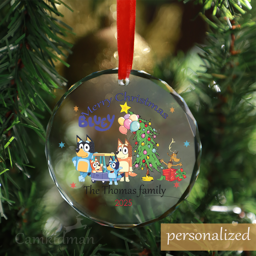 Personalized Name Bluey Cartoon Family Merry Christmas 2025 Glass Holiday Glass Ornament Decoration