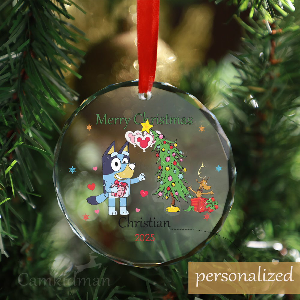 Personalized Name Bluey Cartoon with Tree Christmas 2025 Glass Ornament