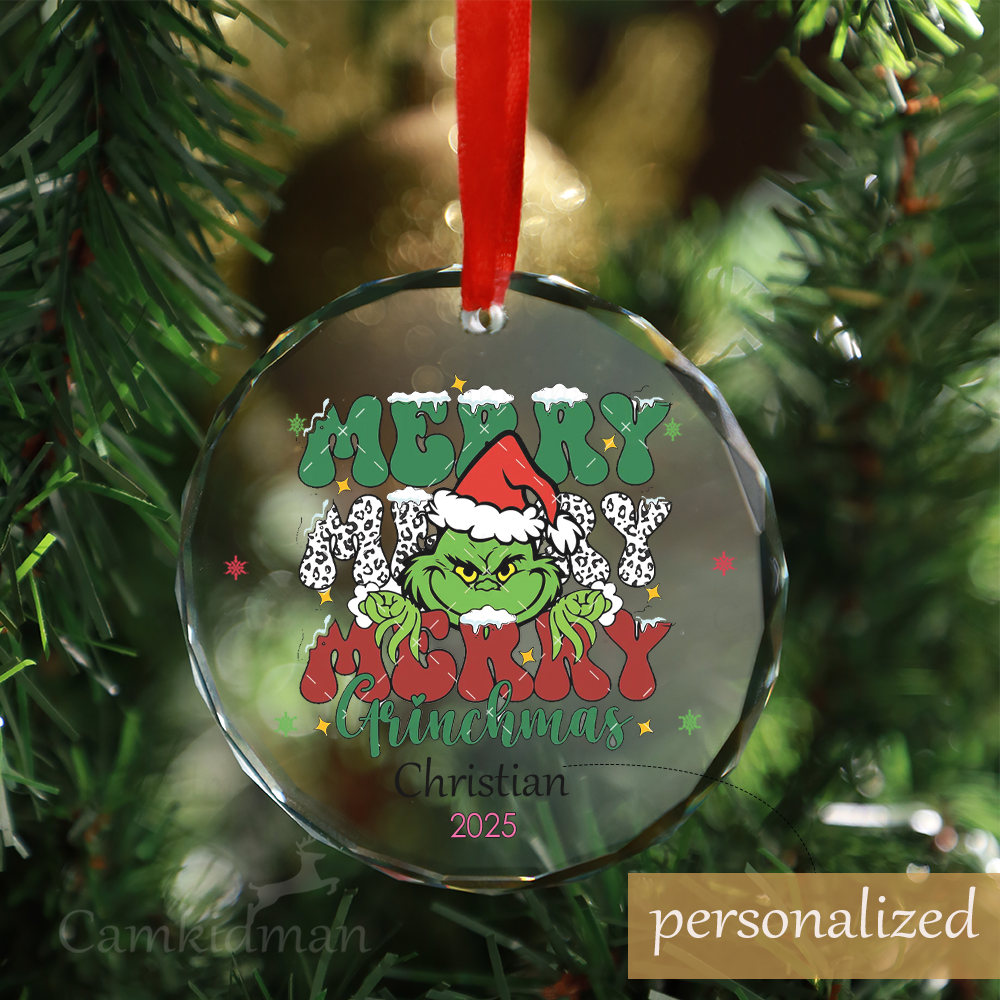 Personalized Name Angry Merry Grinchmas 2025 Glass Christmas Ornament Decoration