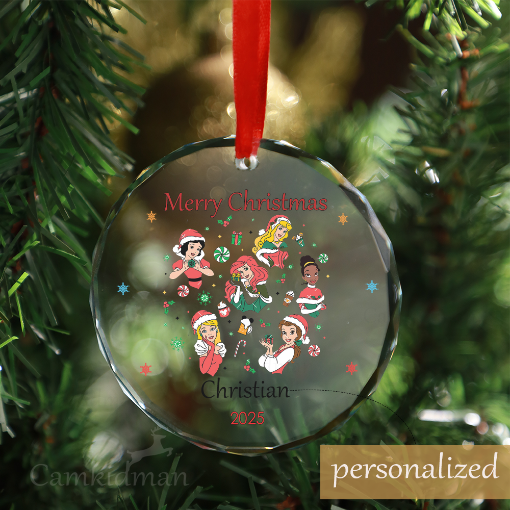 Personalized Name Disney Characters Group Christmas 2025 Glass Round Glass Ornament Keepsake