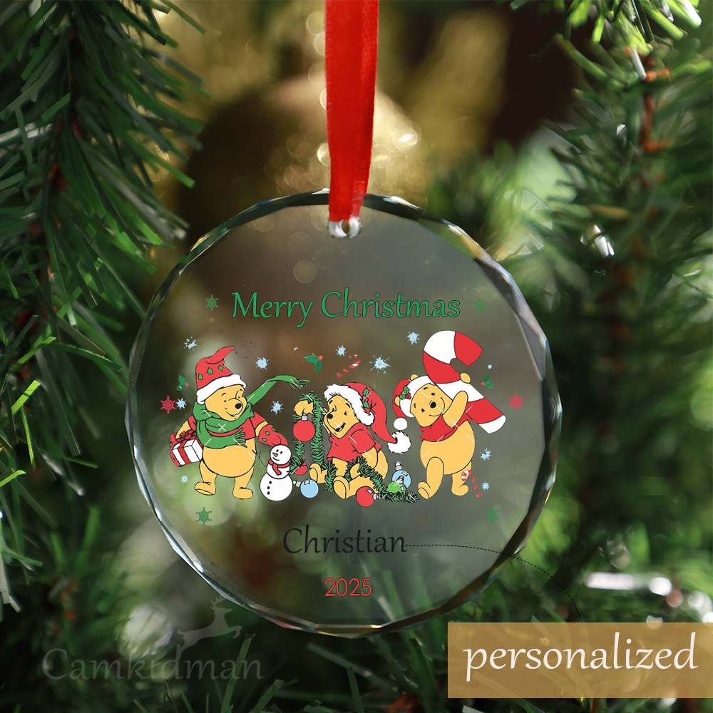 Personalized Name Disney Winnie the Pooh and Friends Christmas 2025 Glass Round Ornament