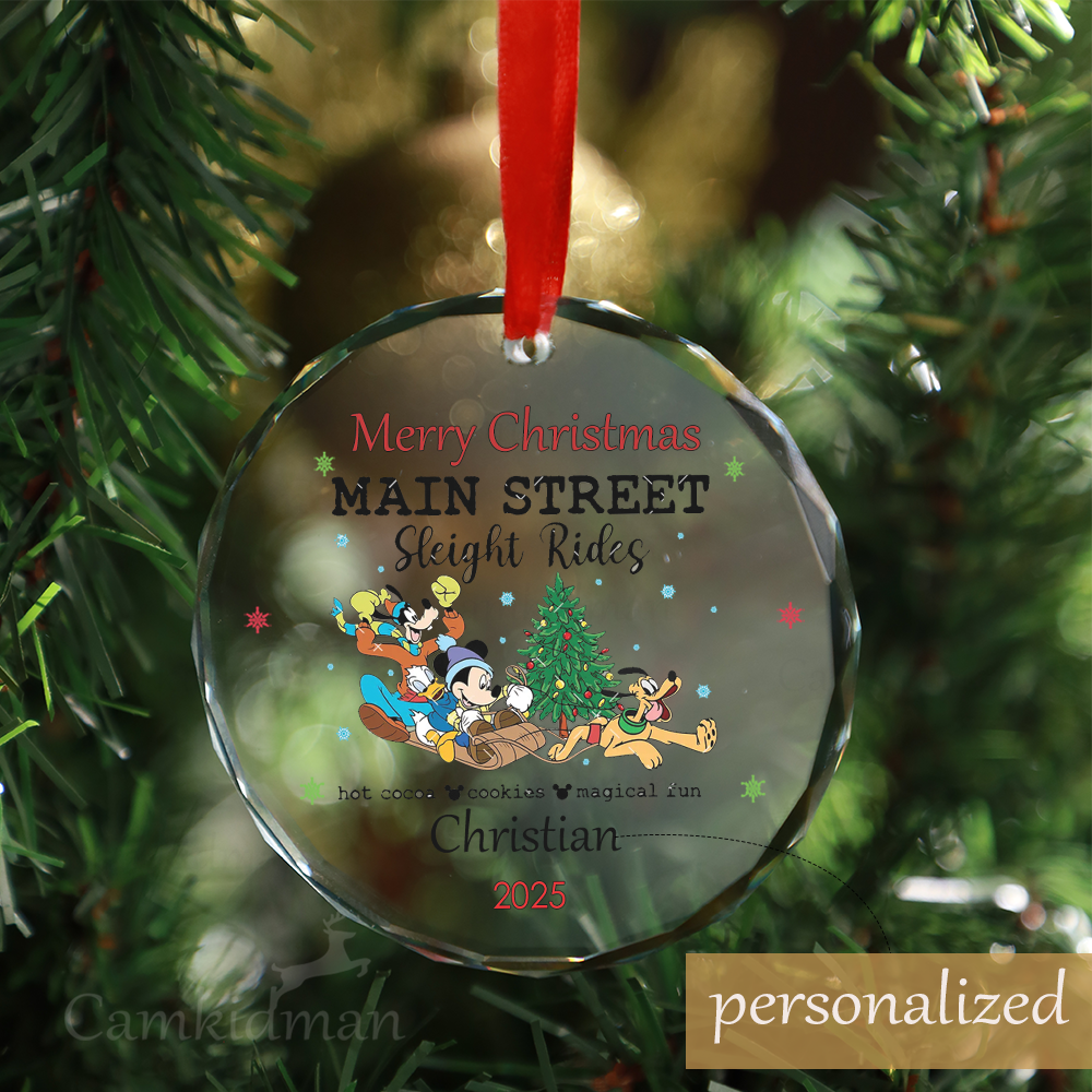 Personalized Name Disney Main Street Sleigh Rides 2025 Glass Holiday Glass Ornament Decoration
