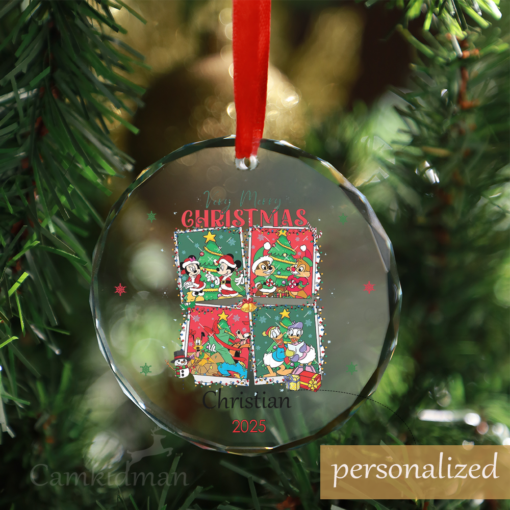 Personalized Name Disney Very Merry Christmas Presents 2025 Glass Holiday Ornament