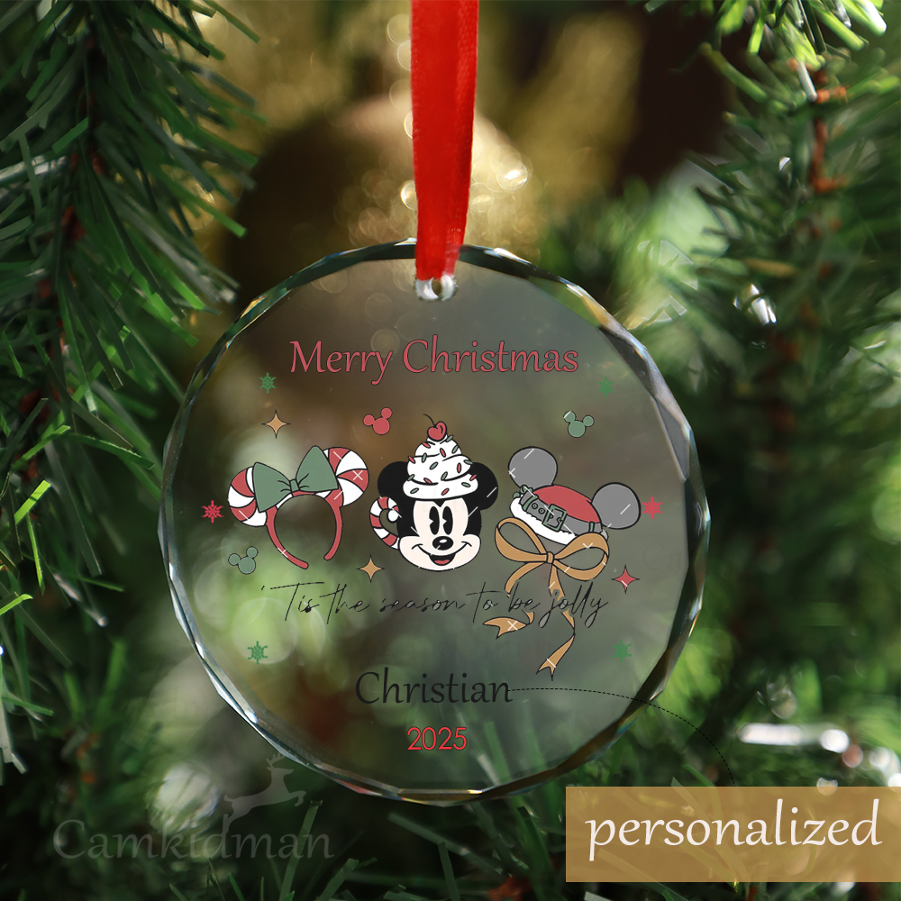 Personalized Name Disney Mickey and Minnie Holiday Scene 2025 Glass Round Ornament