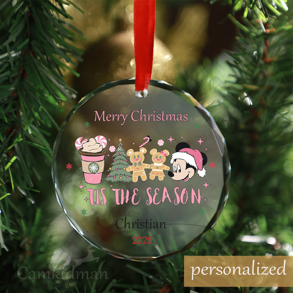 Personalized Name Disney Minnie and Mickey Tis the Season 2025 Glass Christmas Ornament