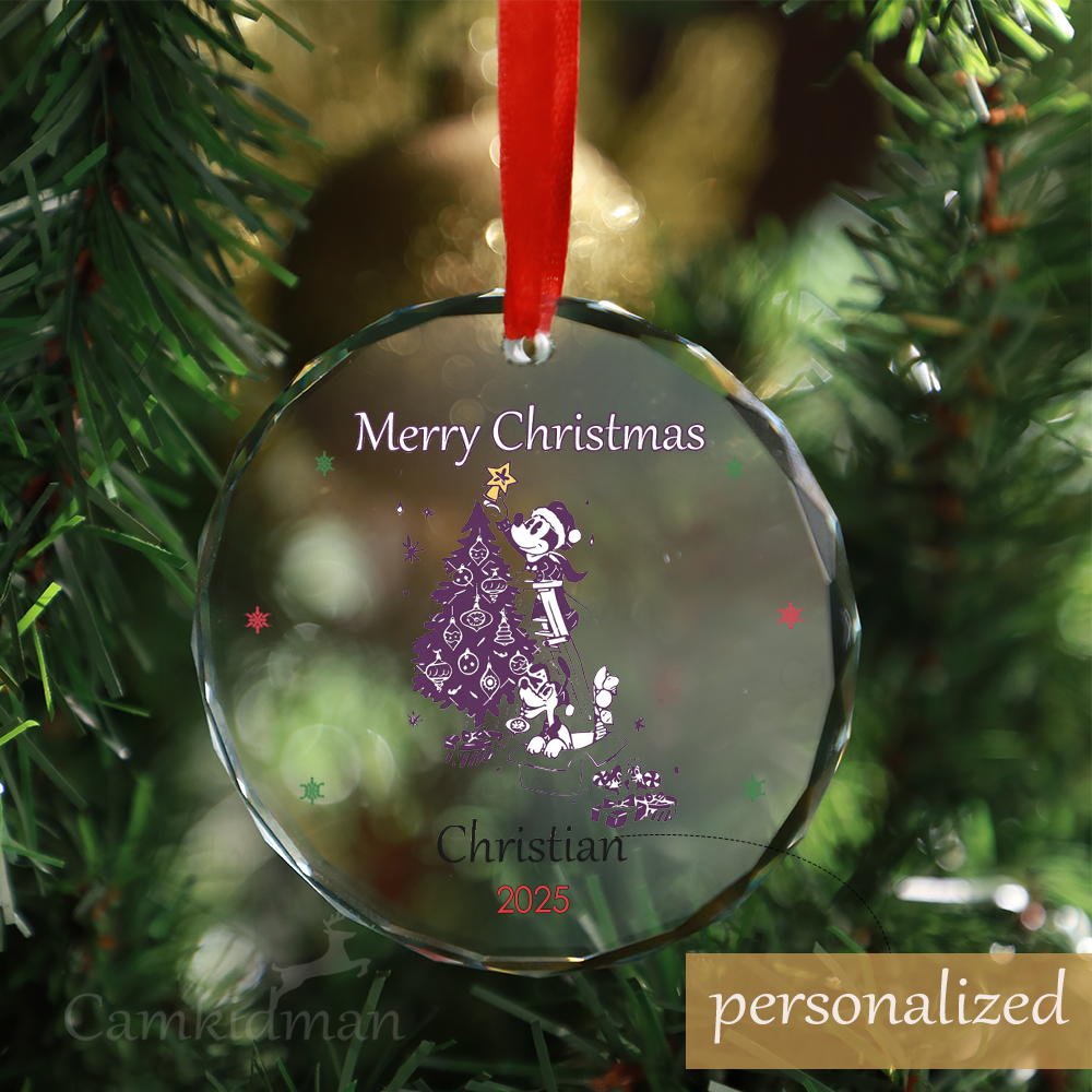Personalized Name Disney Mickey Mouse Purple Tree Christmas 2025 Glass Round Ornament