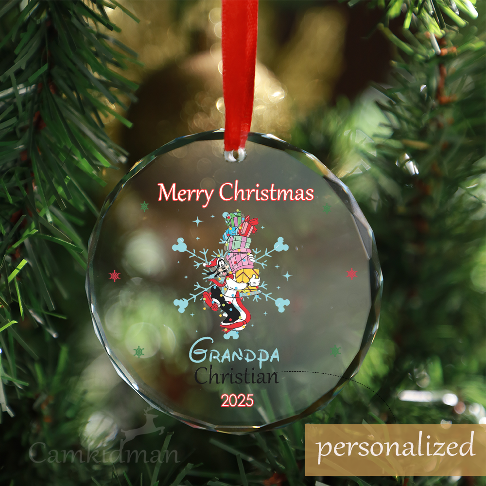 Personalized Name Disney Characters Grandpa 2025 Glass Round Ornament