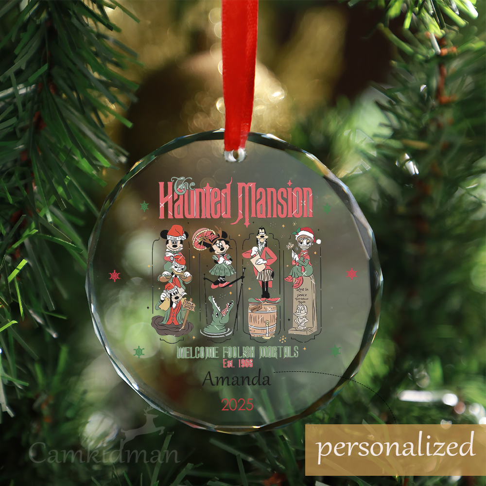 Personalized Name Disney Mickey & Minnie Holiday Scene Glass Ornament 2025  Glass Keepsake 2025