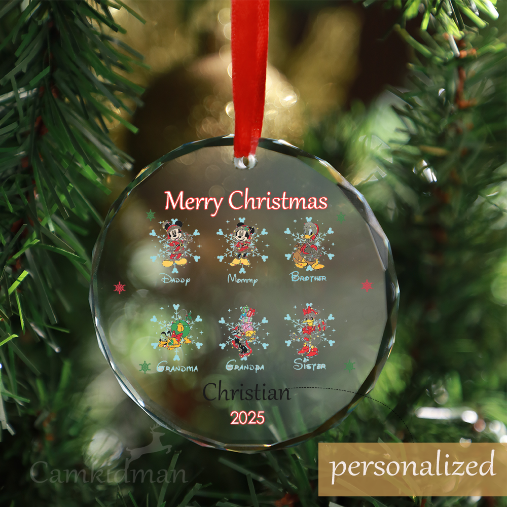 Personalized Name Disney Mickey and Friends Group Christmas 2025 Glass Round Ornament