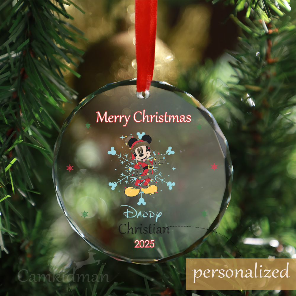 Personalized Name Disney Mickey Mouse Dad 2025 Glass Christmas Ornament Keepsake