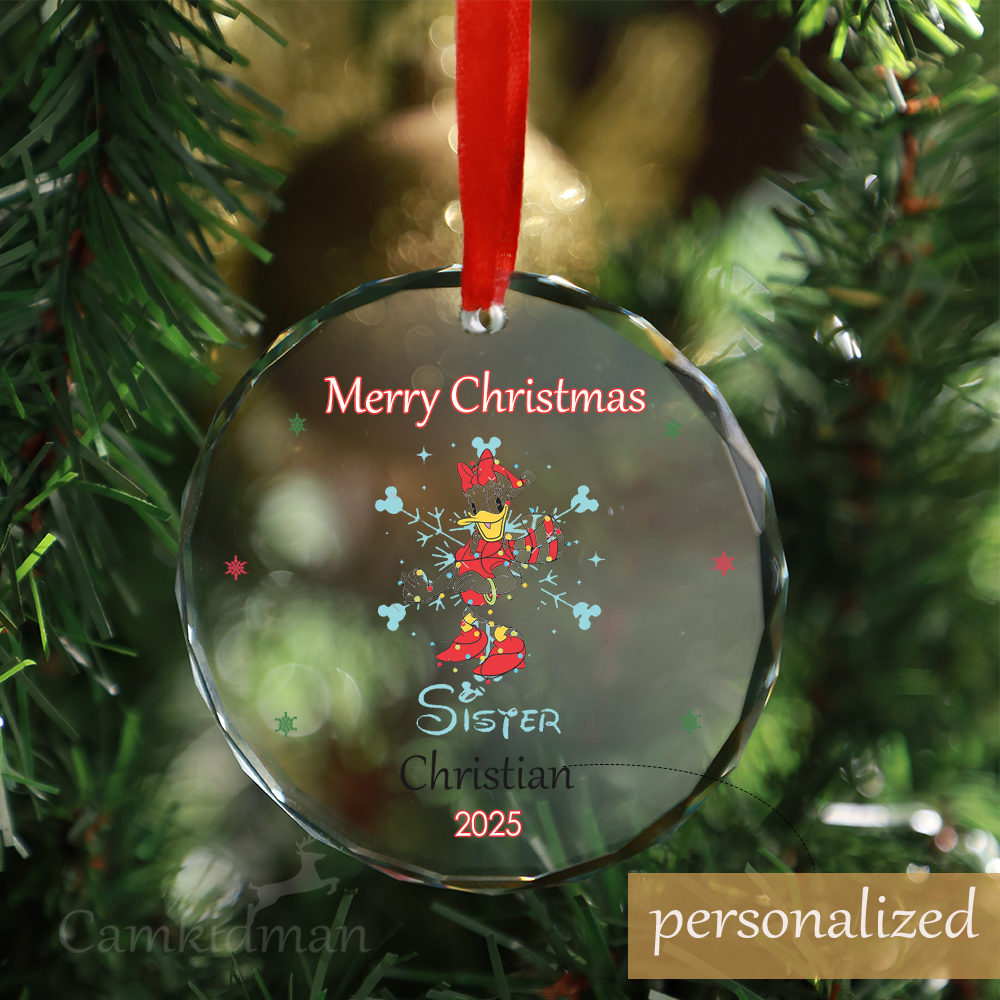 Personalized Name Disney Minnie Mouse Sister 2025 Glass Round Holiday Ornament