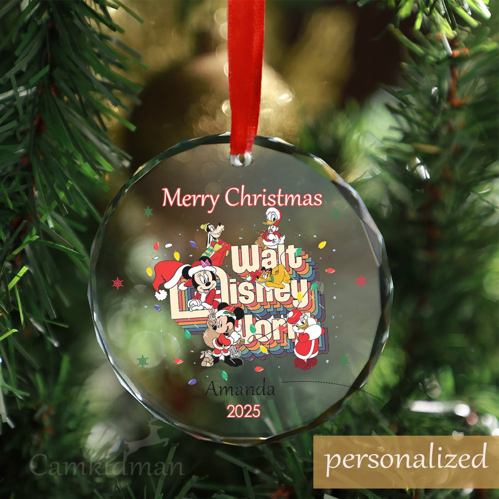 Personalized Name Disney Characters Not a Creature Was Stirring 2025 Glass Christmas Ornament