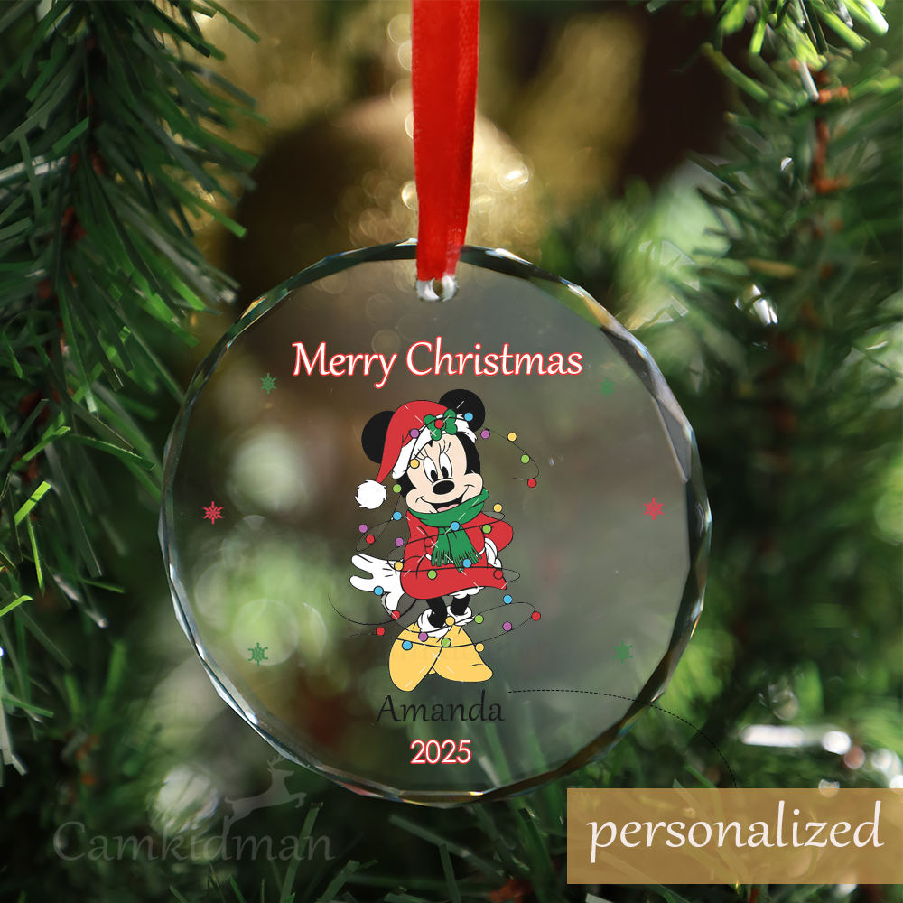 Personalized Name Disney Characters Very Merry Christmas Glass Ornament 2025  Glass Holiday Gift
