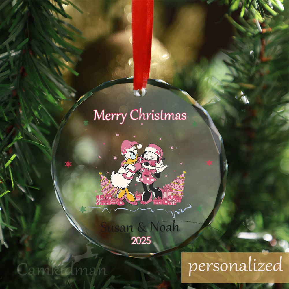 Personalized Name Disney Characters Dancing Christmas Glass Ornament 2025  Glass Holiday Keepsake