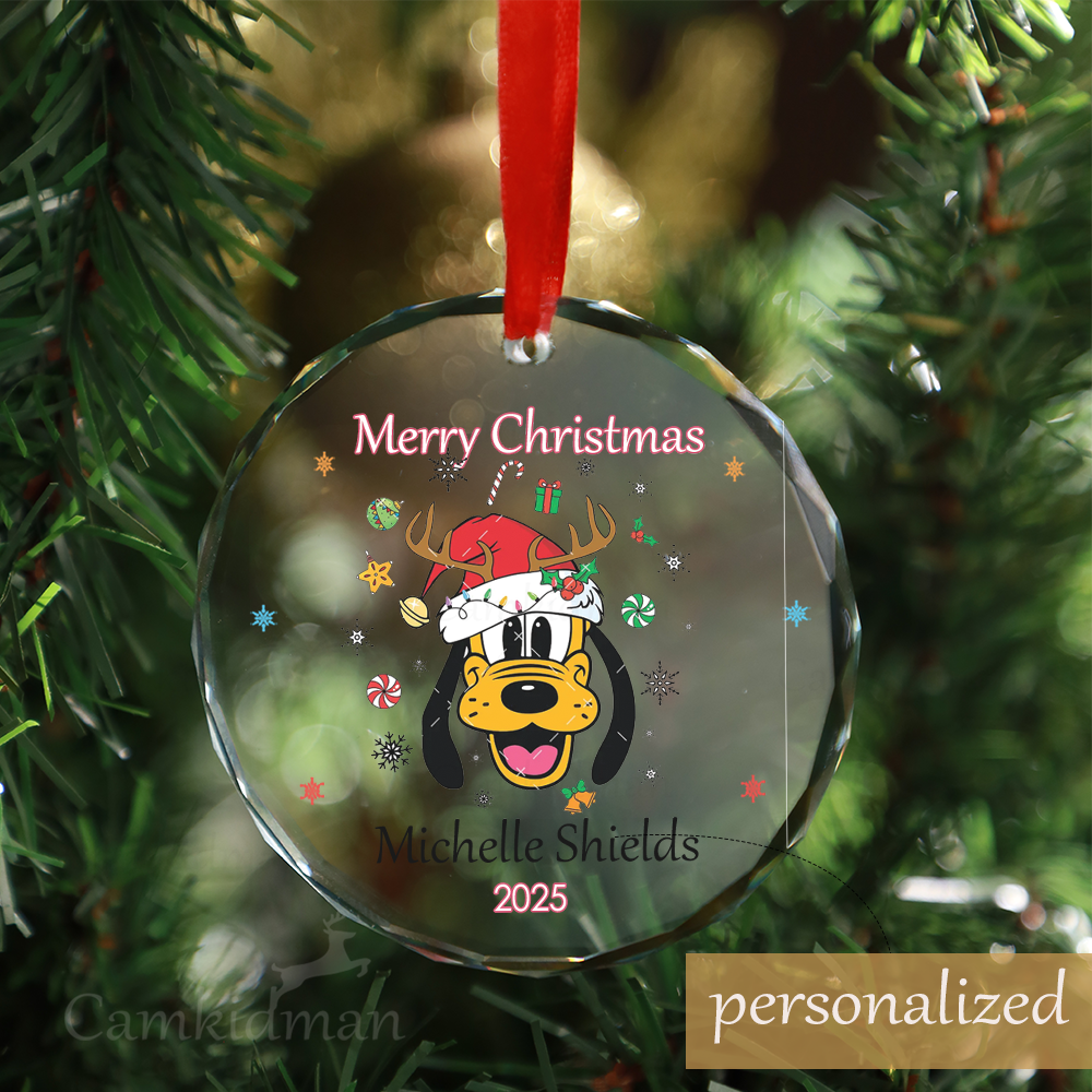 Personalized Name Christmas Dog with Antlers Glass Ornament 2025 Holiday Cartoon Glass Keepsake