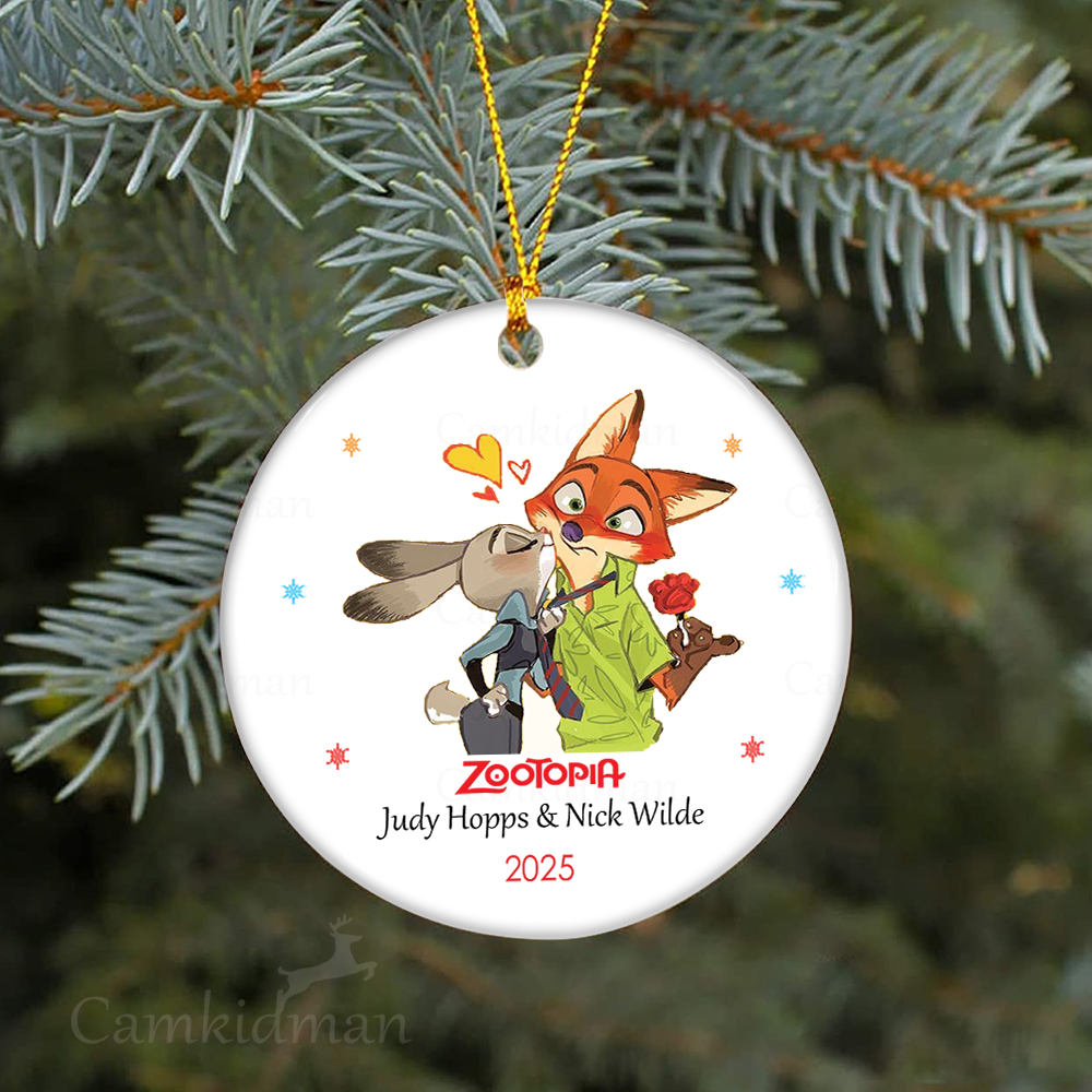  Playful Fox Hugging Bunny Round Holiday Decor 2025 Ceramic Christmas Ornament
