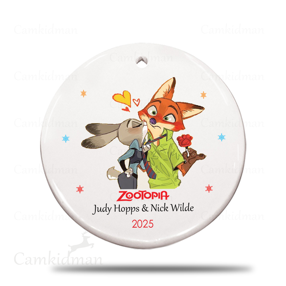  Playful Fox Hugging Bunny Round Holiday Decor 2025 Ceramic Christmas Ornament