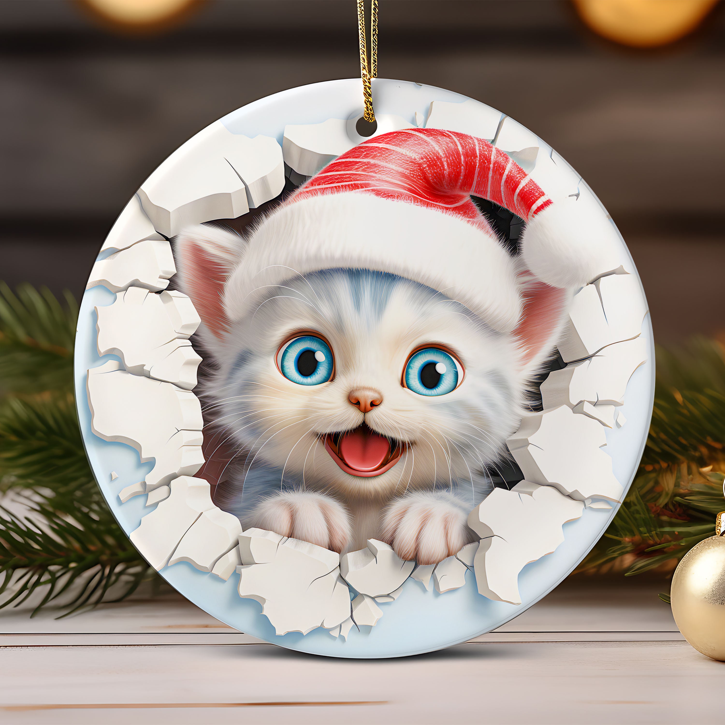 3D Cat Christmas Ornament Sublimation Design, Christmas Round Ornament Break Through Snowman Ornament , 